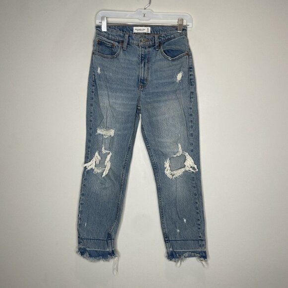 Abercrombie & Fitch High Rise Mom Jeans Light Wash Distressed Size 26 2 Short - Picture 1 of 8